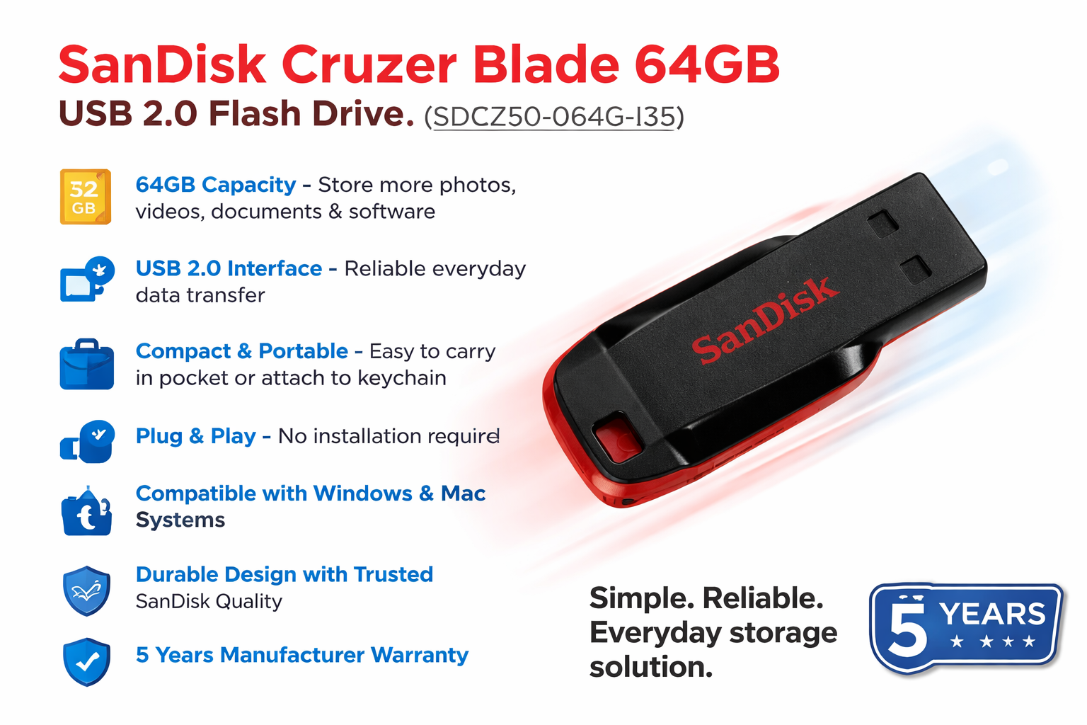 SanDisk Cruzer Blade 64GB, USB 2.0, Flash drive, Pendrive, Red, 5Y Warranty (SDCZ50-064G-I35) - Image 2