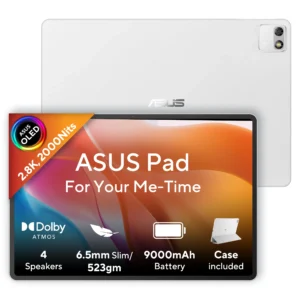 ASUS Pad T3201 8GB 128GB 12.2 inch 2.8K 144Hz OLED Tablet ASUS Pad T3201 Pure White tablet front view ASUS Pad T3201 12.2 inch OLED display ASUS Pad T3201 rear camera and design ASUS Pad T3201 8GB 128GB tablet side view ASUS Pad T3201 tablet with protective cover