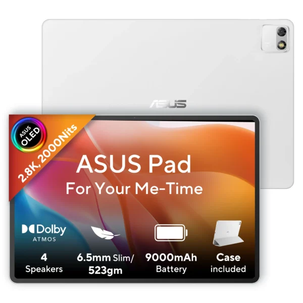 ASUS Pad T3201 8GB 128GB 12.2 inch 2.8K 144Hz OLED Tablet ASUS Pad T3201 Pure White tablet front view ASUS Pad T3201 12.2 inch OLED display ASUS Pad T3201 rear camera and design ASUS Pad T3201 8GB 128GB tablet side view ASUS Pad T3201 tablet with protective cover